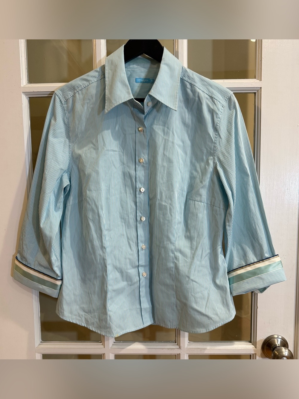 J. McLaughlin Teal Striped Button Down Top Contrast Striped Print Collar & Cuffs